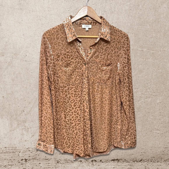 Umgee Brown and Tan Button Down Shirt with Notched Collar - Picture 1 of 3